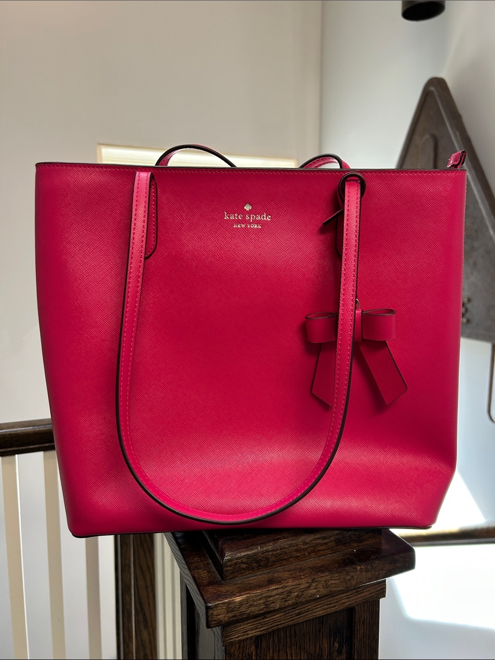 Perfect Kate Spade hot pink Saffiano Leather Tote with Bow Charm NWOT